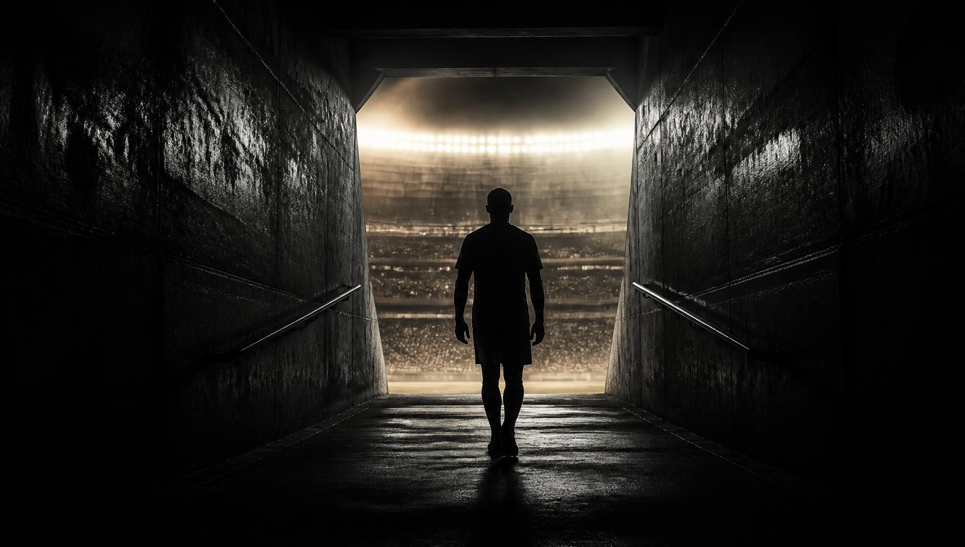 Player silhouette walking through a stadium tunnel onto a floodlit football pitch